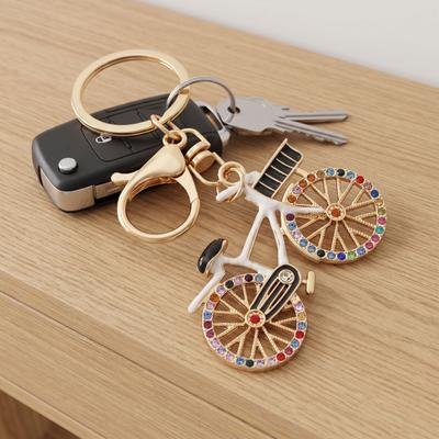 Keychain Pendant Sparkling Rhinestones Bicycle Design Zinc Alloy Key Chain with Lobster Clasp Electroplated Key Holder Backpack Car Accessory