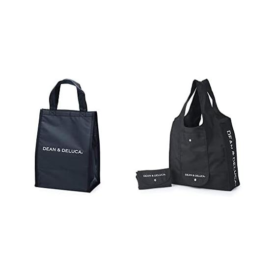 DEAN&DELUCA Cooler Bag Black M Insulated Bag with Zipper Compact Bento Lunch Bag & DEAN&DELUCA Shopping Bag Black Eco Bag Foldable Lightweight