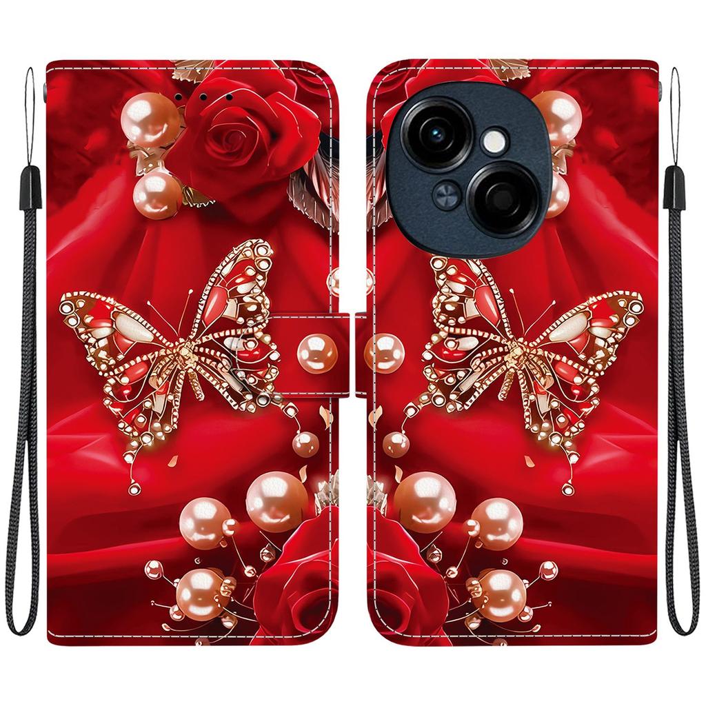 Handmade PU Leather Flip Case for Tecno Pop 9 Pro Anti-Slip Shockproof Cover with Wrist Strap & Heart/Rose Cat Designs