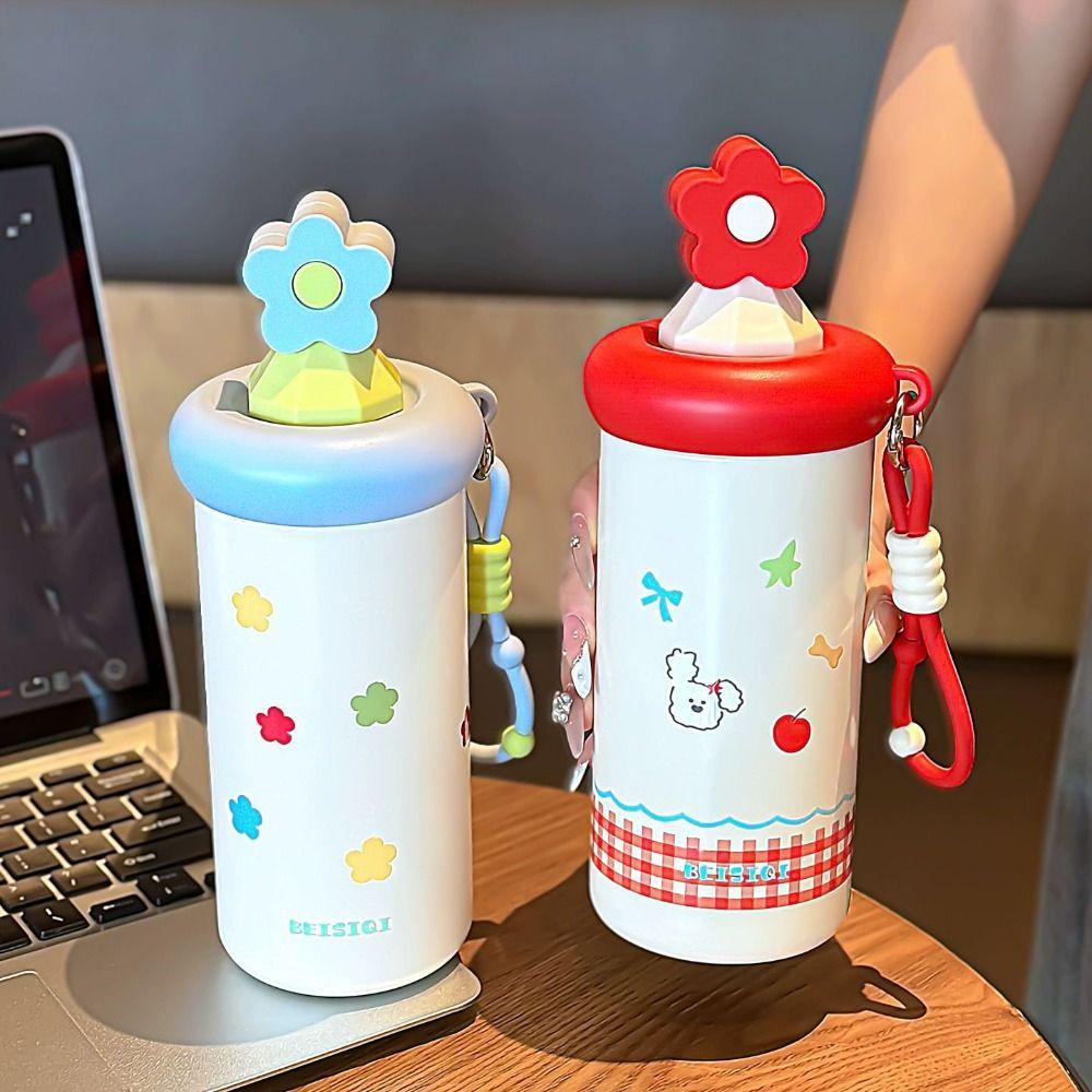 Neue Blume Isoliert Tasse Edelstahl mit Strohhalm Thermoskanne mit Lanyard Vakuum Becher für Kleinkinder Geschenke