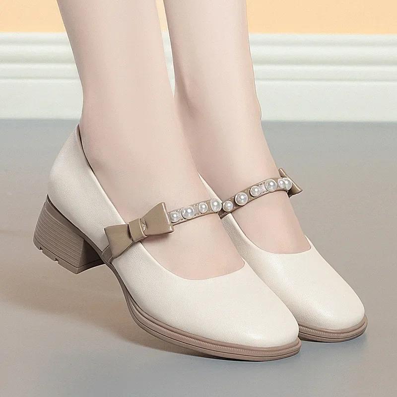 

4 см Дышащие Неглубокие Жемчужный Бант Милые Мэри Джейн Женские Туфли Весна 2025 Средний Квадратный Каблук Обувь Кожа для Офиса Мама Девочки 37 бежевый