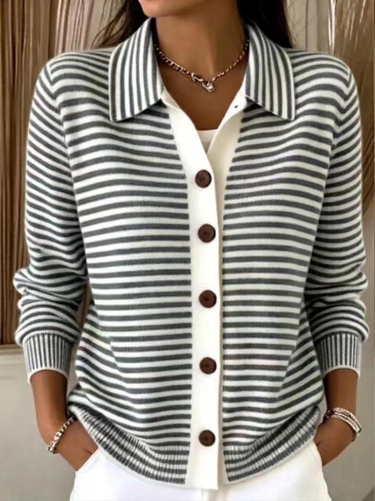 European & American Striped Knit Button Cardigan: Autumn/Winter Casual Solid Color Fashion for Women 2026