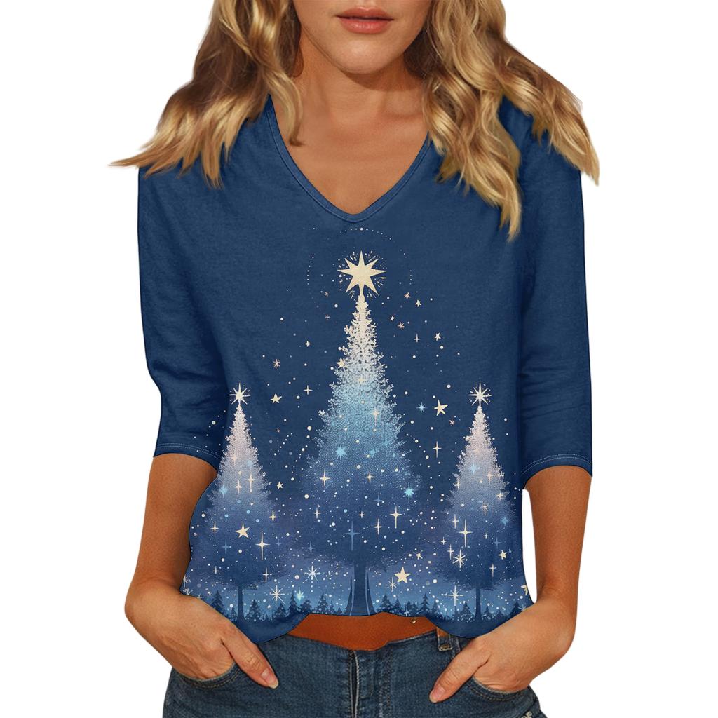 Women's Casual Fashionable Sexy Comfortable V-Neck Christmas Three-Quarter Sleeve Top