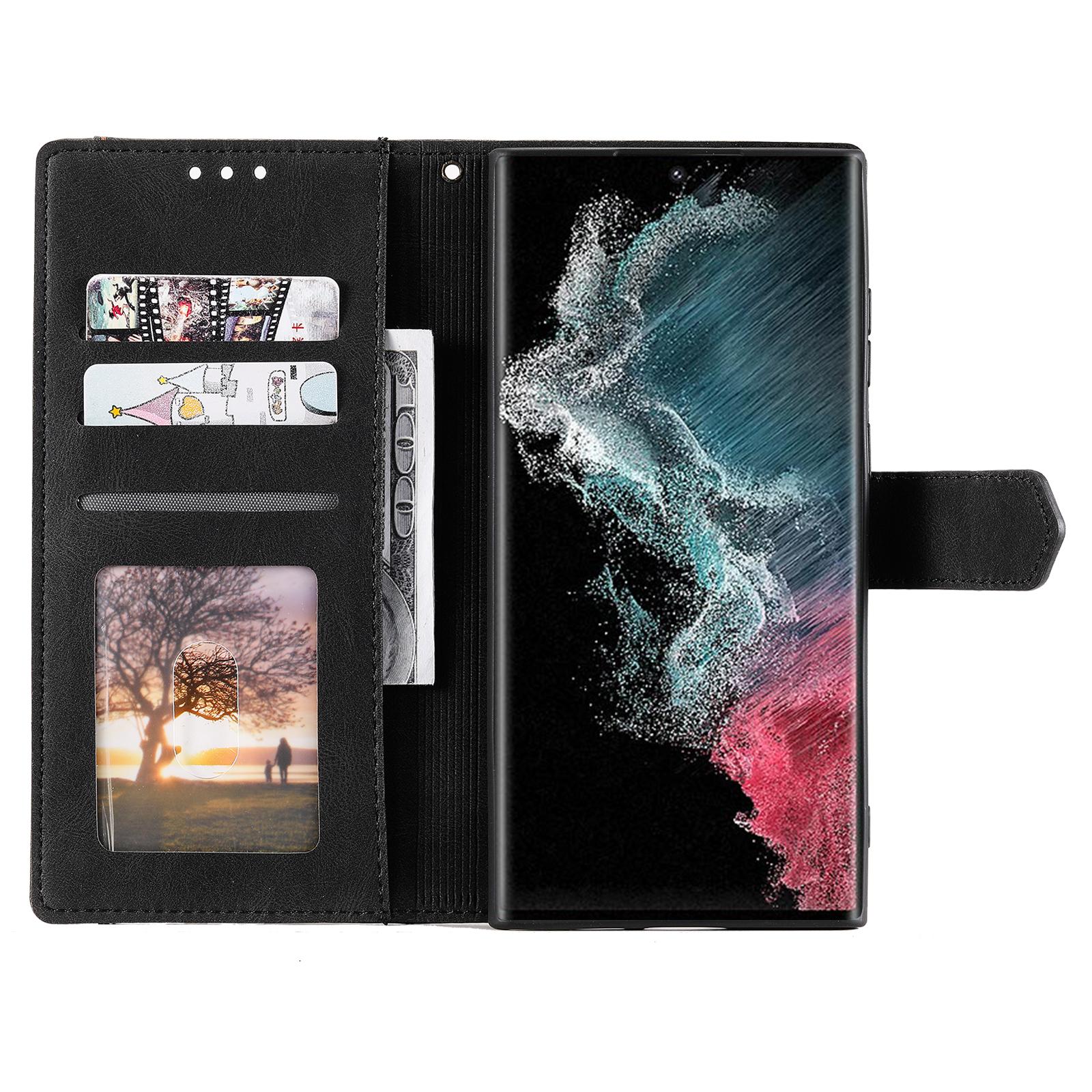 

For Samsung Galaxy S23 Ultra Splicing Stitching PU Leather Phone Cover Folio Flip Stand Wallet Case Black