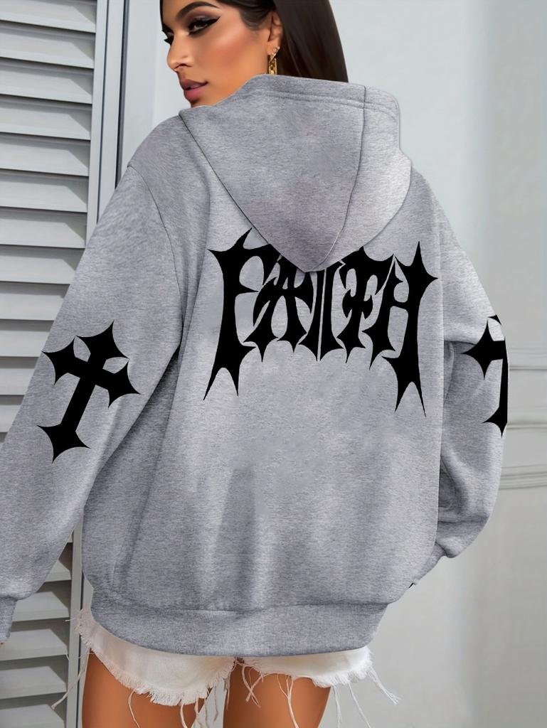 Kreatives Glaubenskunst Briefdruck Kapuzenpullover Damen Hip Hop Herbst Kapuzenpullover Tasche Fleece Kleidung Y2K All-Match Lässiger Damen Kapuzenpullover