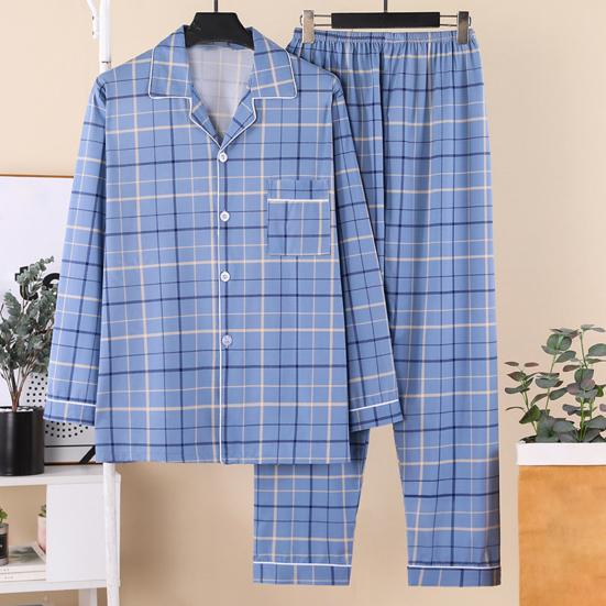 2Pcs/Set Men Pajamas Set Lapel Long Sleeve Single Breasted Tops Elastic Waist Long Pants Set Plaid Print Sleepwear