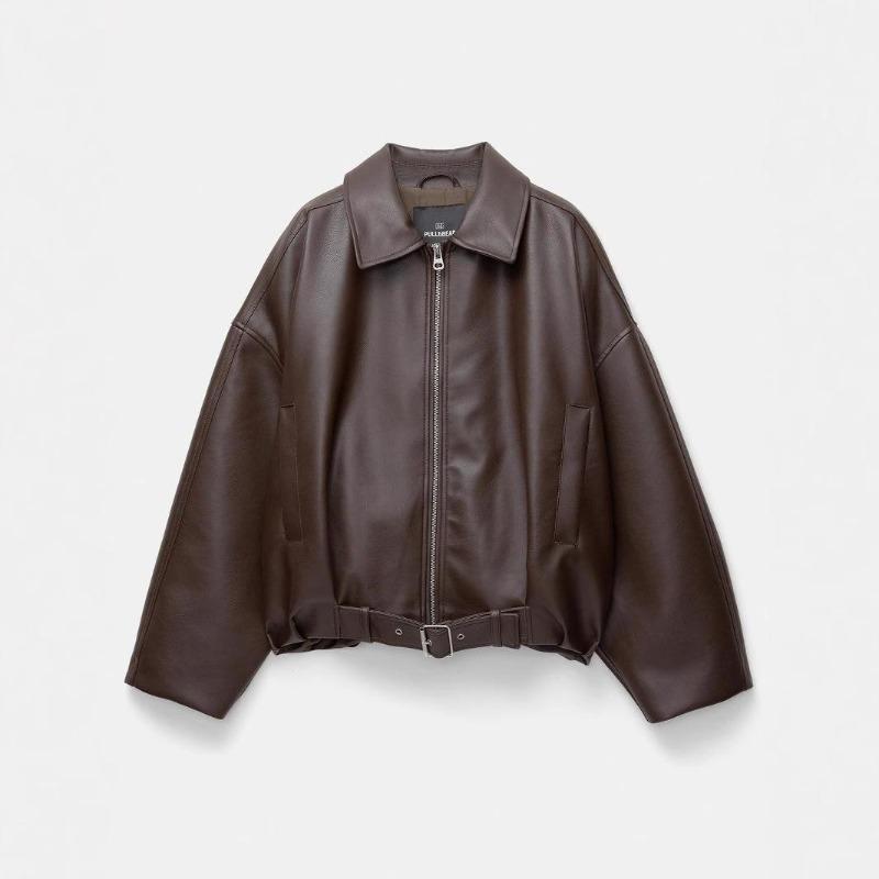 Women's Brown Faux Leather Pilot Jacket with Belt