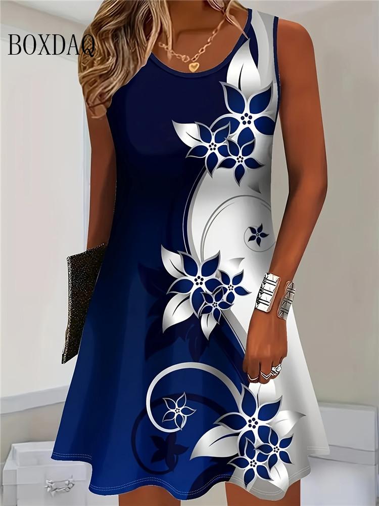 Women Summer Sleeveless Bohemian Dress Fashion Imitate Cowboy Vest Flowers Print Dress Casual Tank Beach Dresses For Women