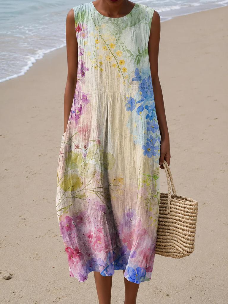 Sleeveless dress 26 new shrink pleated large version loose casual round neck digital printing - bamboo hemp