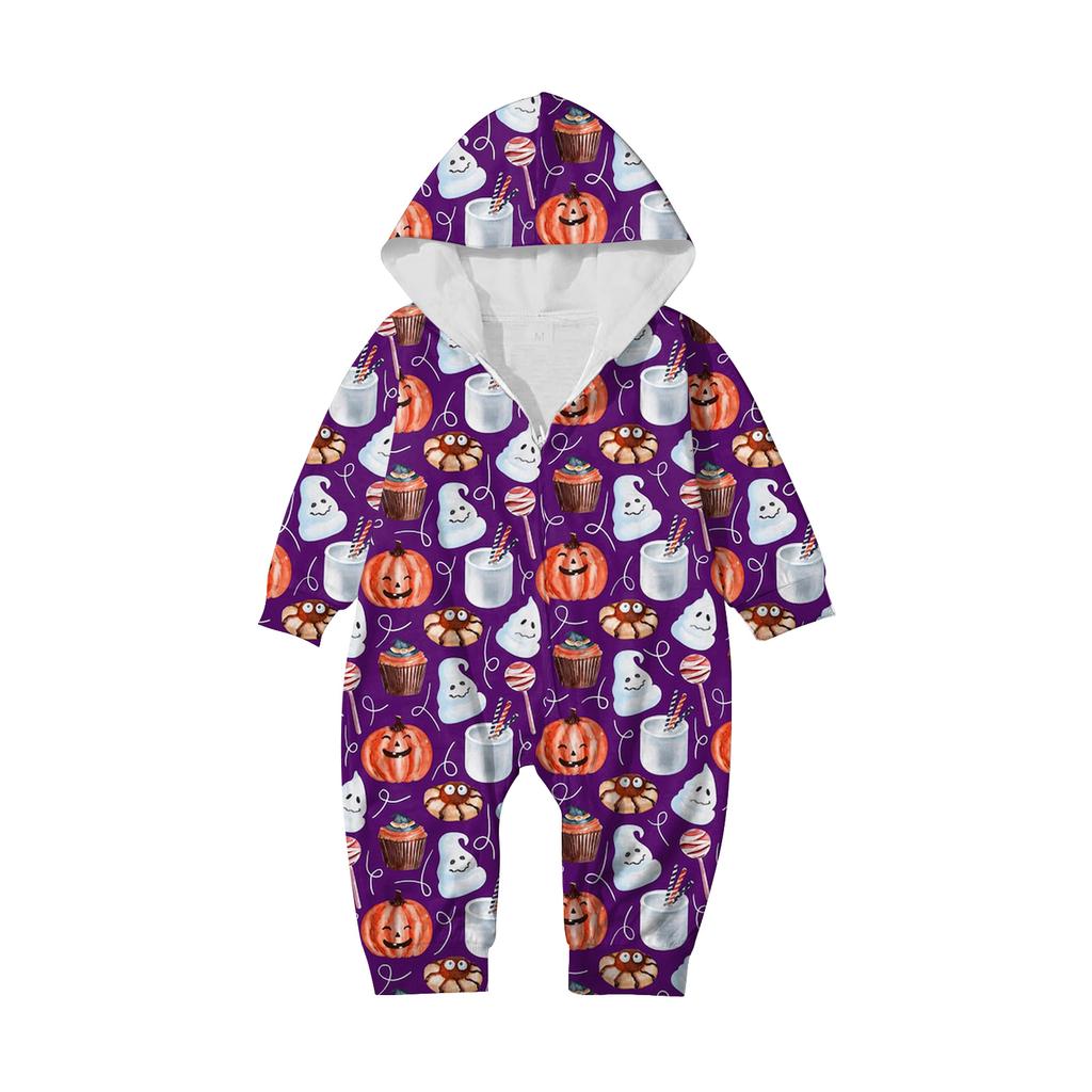 Halloween Printed Family Matching Hooded Long Sleeved Zippered Hooded  Jumpsuit Set