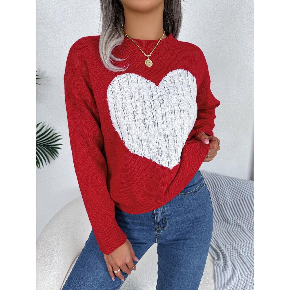 Women's Sweatshirt Autumn/Winter Cable-Knit Heart-Pattern Long-Sleeved Pullover Valentine's Day Ladies' Knitwear