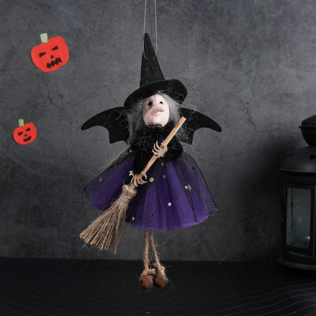 Halloween Witch Hanging Decor Cute Broomstick Ornament Party Hanging Witch Decoration Witch Doll with Bells Halloween Gift