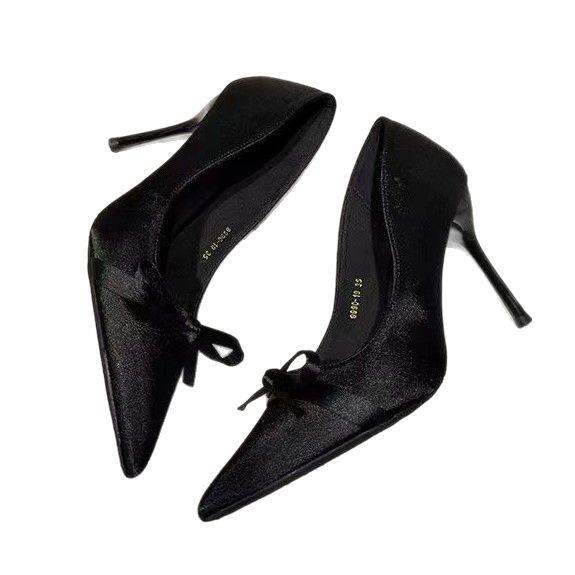 Bow high heels women's 2025 spring new pointed satin temperament party light mouth black stiletto shoes