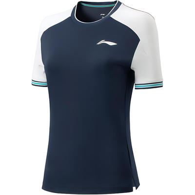 Li Ning Tennis Series Sport Casual Minimalist Color Block Tennis Shirt Women Tops Deep-Navy AAYU600-2