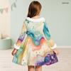 Girls White Fur Collar Long Sleeve Bow Black Gold Printed A Line Flared Dress