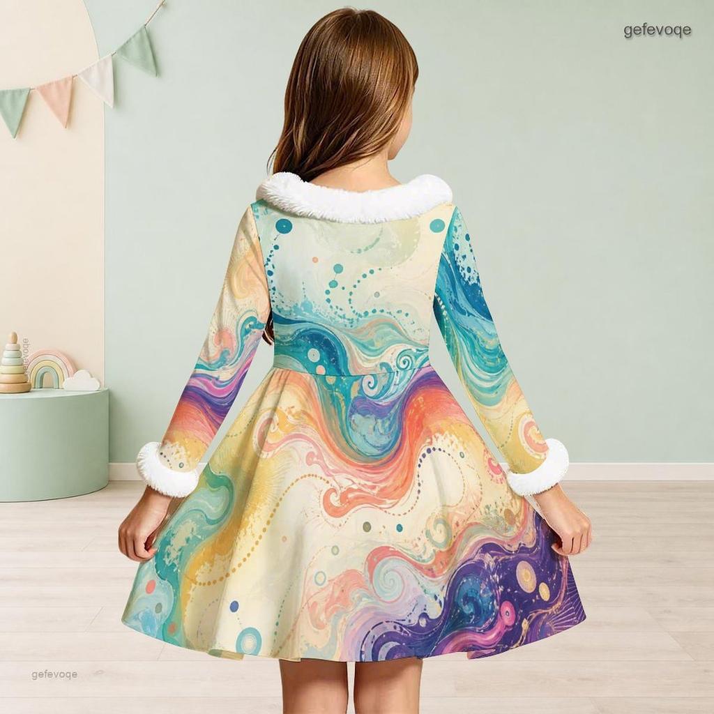 Girls White Fur Collar Long Sleeve Bow Black Gold Printed A Line Flared Dress