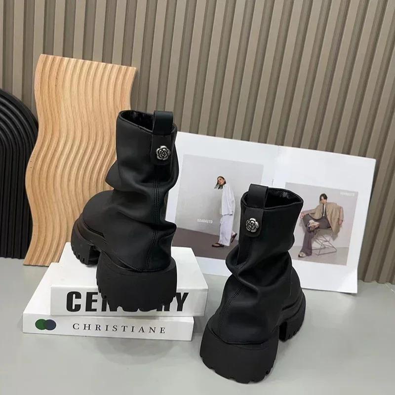 Punk Style Women Motorcycle Knee-High Boots Fashion Thick Heel Shoes Autumn Winter Women's Knight Long Booties