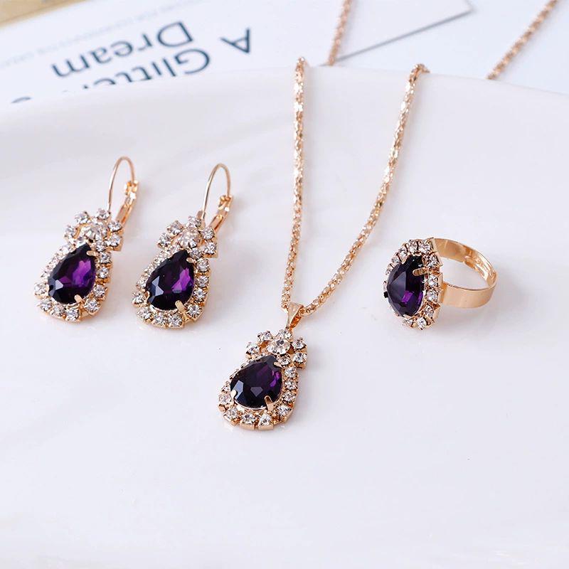 European Trendy Water Drop Jewelry Set: Necklace, Earrings, and Ring for Evening Parties