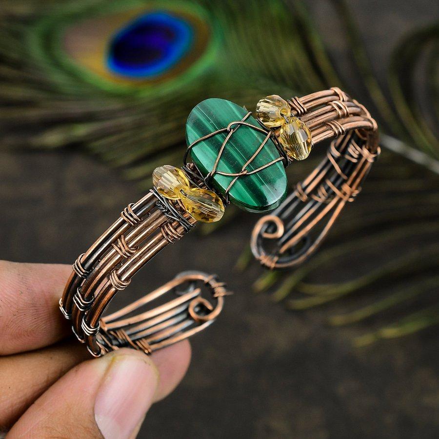 Natural Malachite Gemstone Handmade Copper Wire Wrap Cuff Bangle Adjustable E9j93