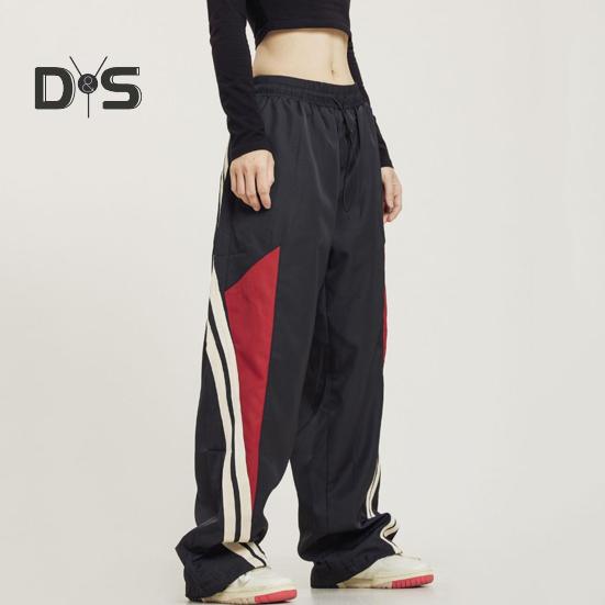 Damenhose, elastisch, hohe Taille, verstellbarer Kordelzug, weites Bein, vertikale Streifennähte, Retro-Streetstyle-Sporthose