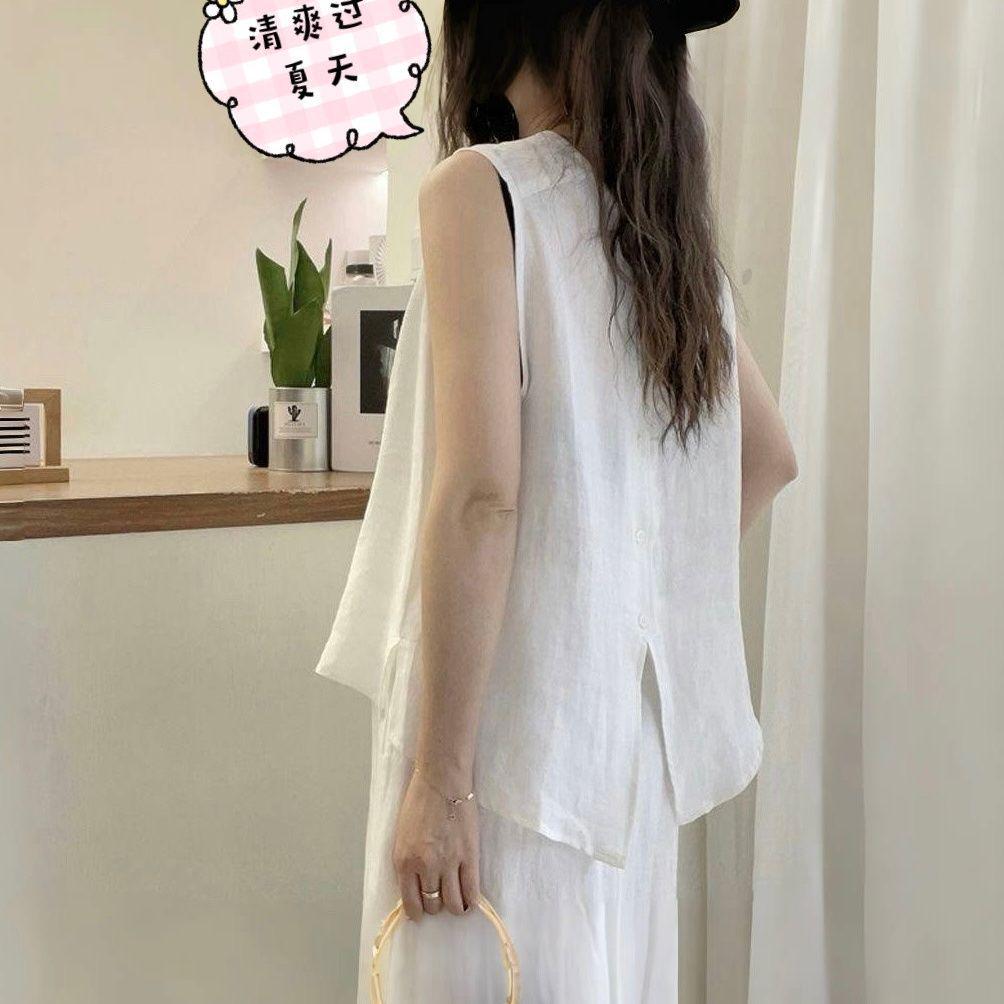Summer 2026 Women's Slimming Cotton Linen Loose Vest Shirt