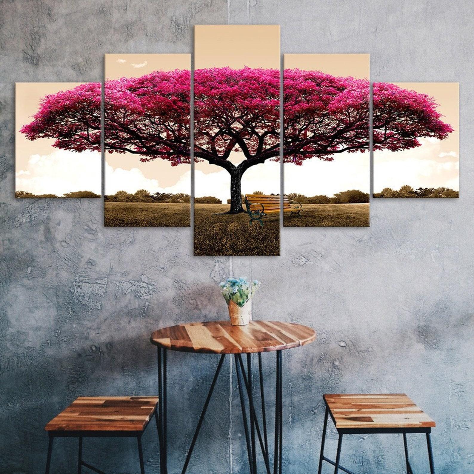 

Pink Tree Bench Scenery Canvas 5 Piece Five Panel Wall Print Modern Art Poster Picture Home Decor Gift For Him For Her 20X35 20X45 20X55CM