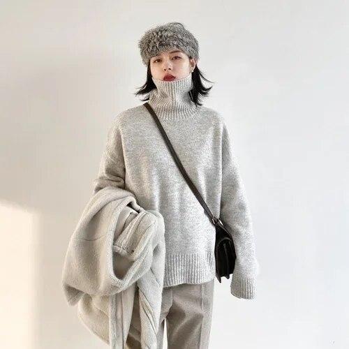 Korean Women's Sweater Loose Turtleneck Sweaters Warm Solid Pullover Top Oversized Knitwear Basic Female Tops Winter 2023 Knitted Jumper Female Pull