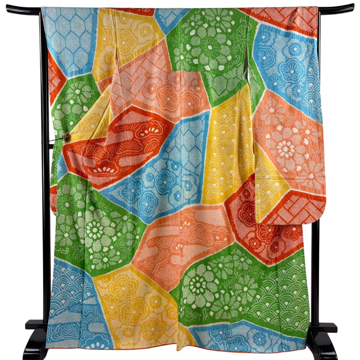

Furisode length 167cm, sleeve length 66.5cm M, chrysanthemum, plum, orange, pure silk, excellent product [Used]