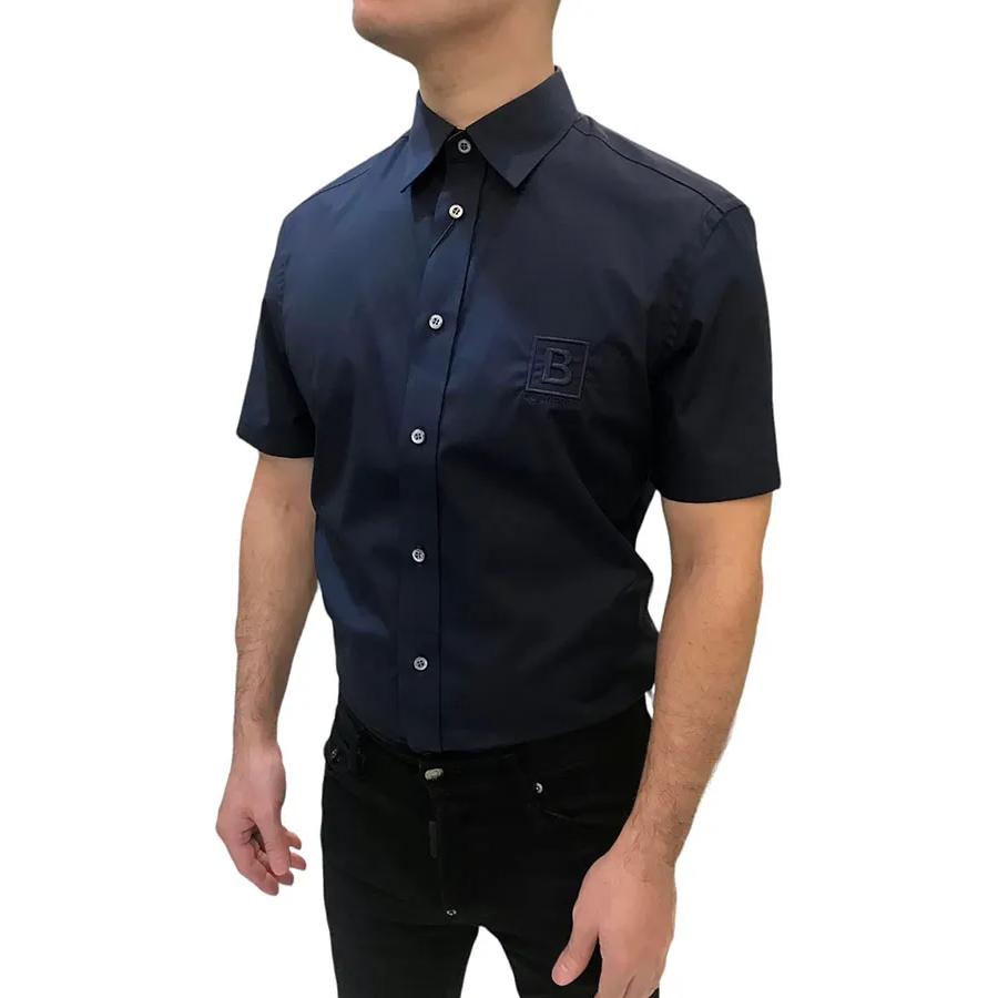 Burberry FW22 Men's Logo Embroidered Button-Up Short-Sleeve Shirt Navy 80618621