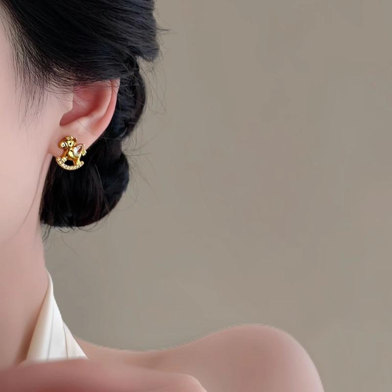 Real gold electroplated silver needle zircon pony stud earrings new Chinese niche natal year earrings light luxury high-end earrings women