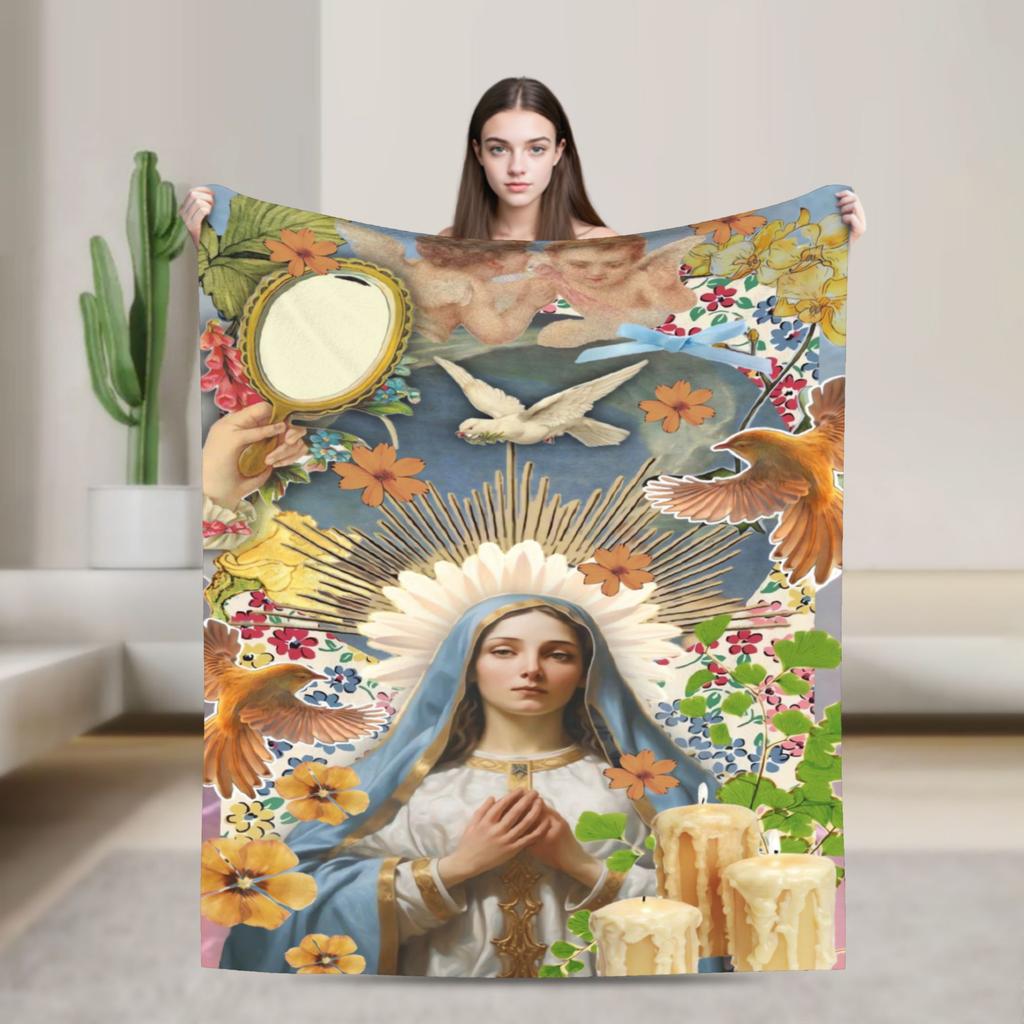 Virgin Mary Cherubs Rose Warm Soft Blanket Airplane Travel Plush Throw Blanket Couch Chair Flannel Bedspread Sofa Bed Cover