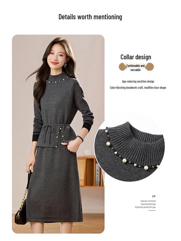 2026 Beaded Knit Sweater Dress - Women's Mid-Length Autumn Winter Solid Color Vest Dress
