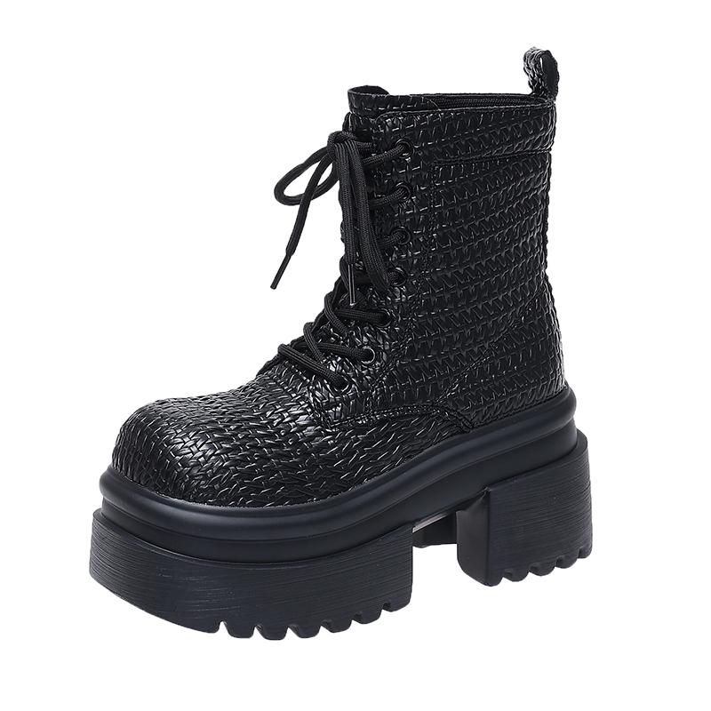 

Женские ботильоны на массивной подошве 9 см, Новые осенне-зимние плетеные кожаные панк-туфли, Короткие повседневные кожаные ботинки на высокой платформе, Botas Mujer 34 чёрный