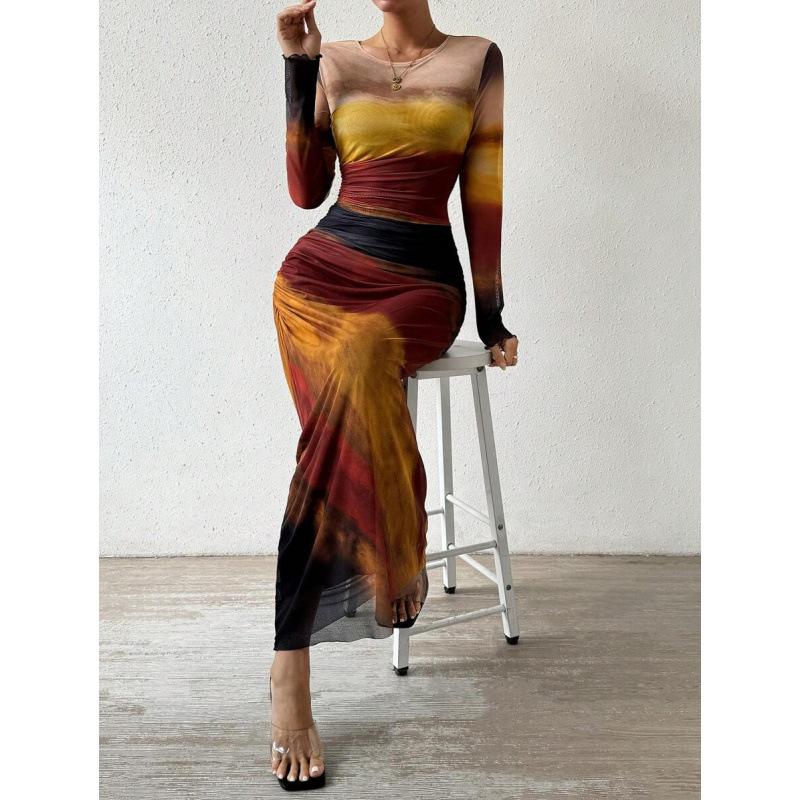 Spot European and American Fashion Mesh Printing Pleated Sexy Tight Crew Neck Dress