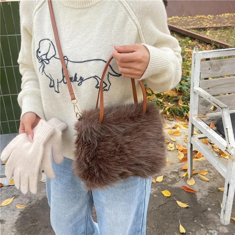 Winter Simple Soft Plush Shoulder Bags for Women Solid Color Ladies Faux Fur Crossbody Bag Versatile Femlae Bucket Handbags