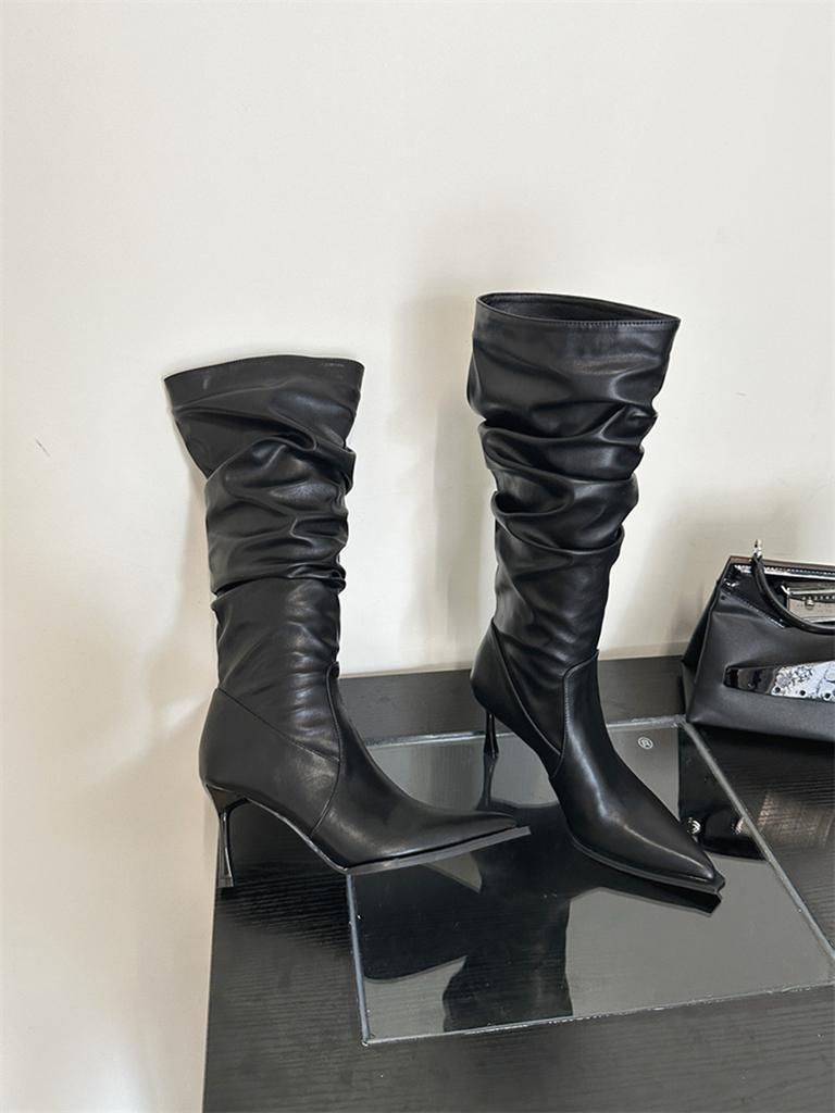 Fashion Pointed Toe Women Knee High Boots Black Brown White Winter Knight Botas Thin High Heels Shallow Slip On Party Chelsea Botas 39