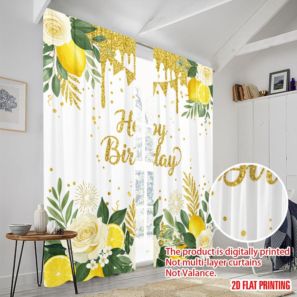 2pcs 2D flat printing Curtain Lemon Flower Birthday 100% Polyester Fabric Without Electricity Seasonal Party & Holiday Decor Use