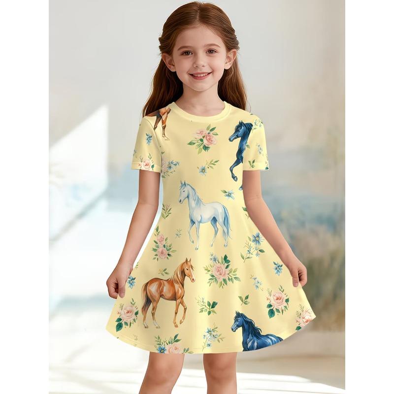 Children's Clothing Girl Cute Funny Animal Horse 3D Printed Graphic Summer Dresses Comfortable Crew Neck