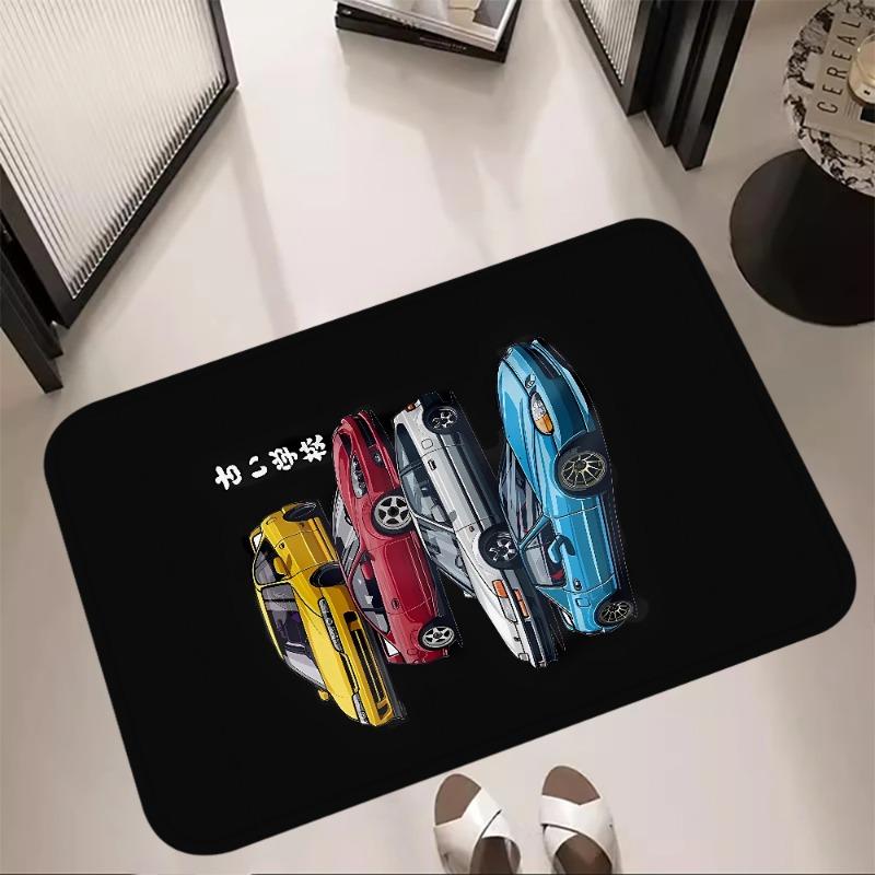 Racing Car Graffiti Art Carpet Mat Black White Urban Trendy Automotive Cartoon Illustration Home Decoration Rug Welcome Mat
