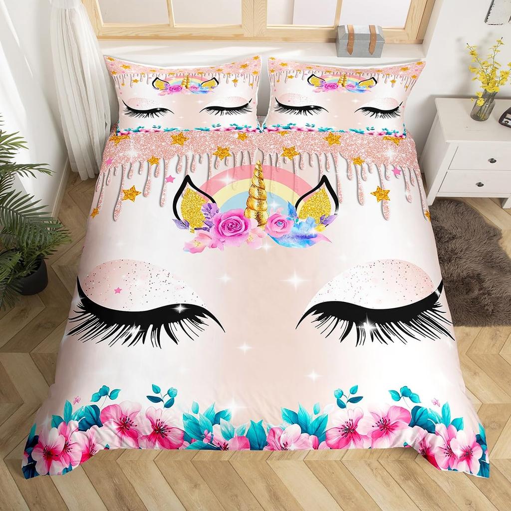 Einhorn Bettwäsche Set Kinder Lila Weltraum Galaxie Weiche Bettbezug Mikrofaser Bequeme Bettdecke Abdeckung Mädchenhaft Karton Warme Deckenbezug plus 2