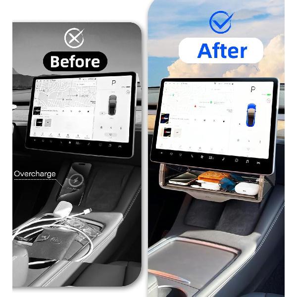 WinDu Under Screen Storage For Tesla Model 3 Y 2016-2025, Open And Close Hideable Center Console Organizer Tray With Anti-Slip Silicone Pad, Interior