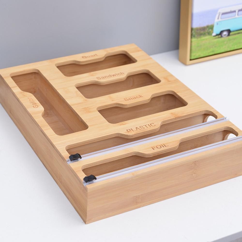 Bamboo Plastic Wrap Dispenser Wood Cling Film Holder Plastic Bag Organizer  Plastic Bag