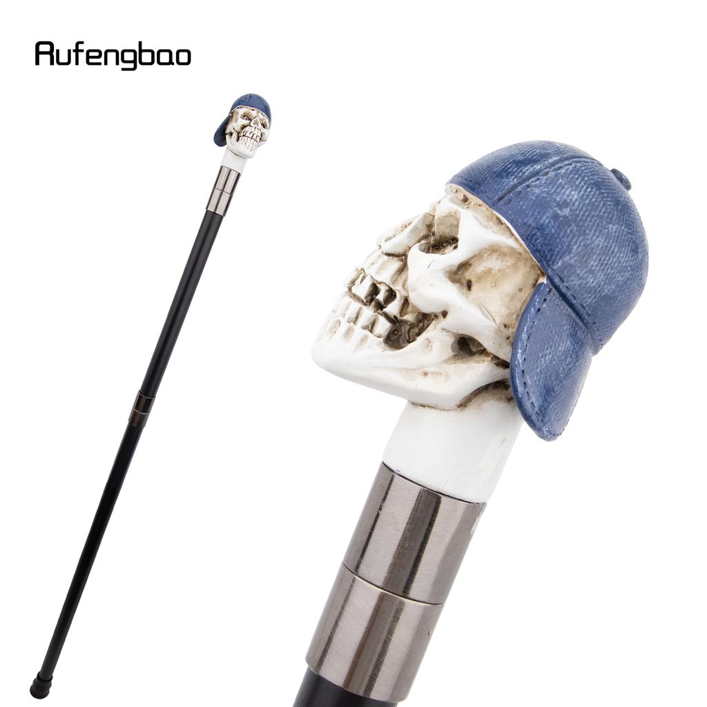 Blue Hat Resin White Skull Head Walking Cane Fashion Decorative Steel Stick Gentleman Elegant Cosplay Cane Knob Crosier 94cm