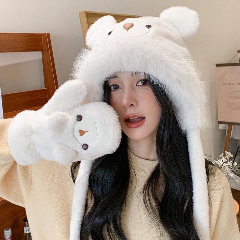 Winter Cartoon Cute Plush Hat Small Bear Raven Hat Women'S Outdoor Fashionable Warm Ear Protection Pullover Hat