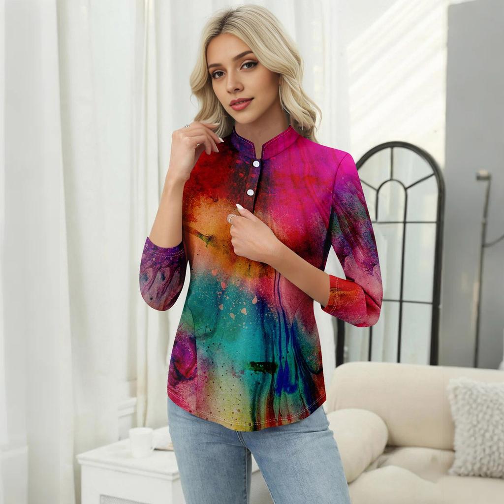 Damen Casual Blumenmuster V-Ausschnitt 3/4 Ärmel Dekorative Knöpfe T-Shirt Top