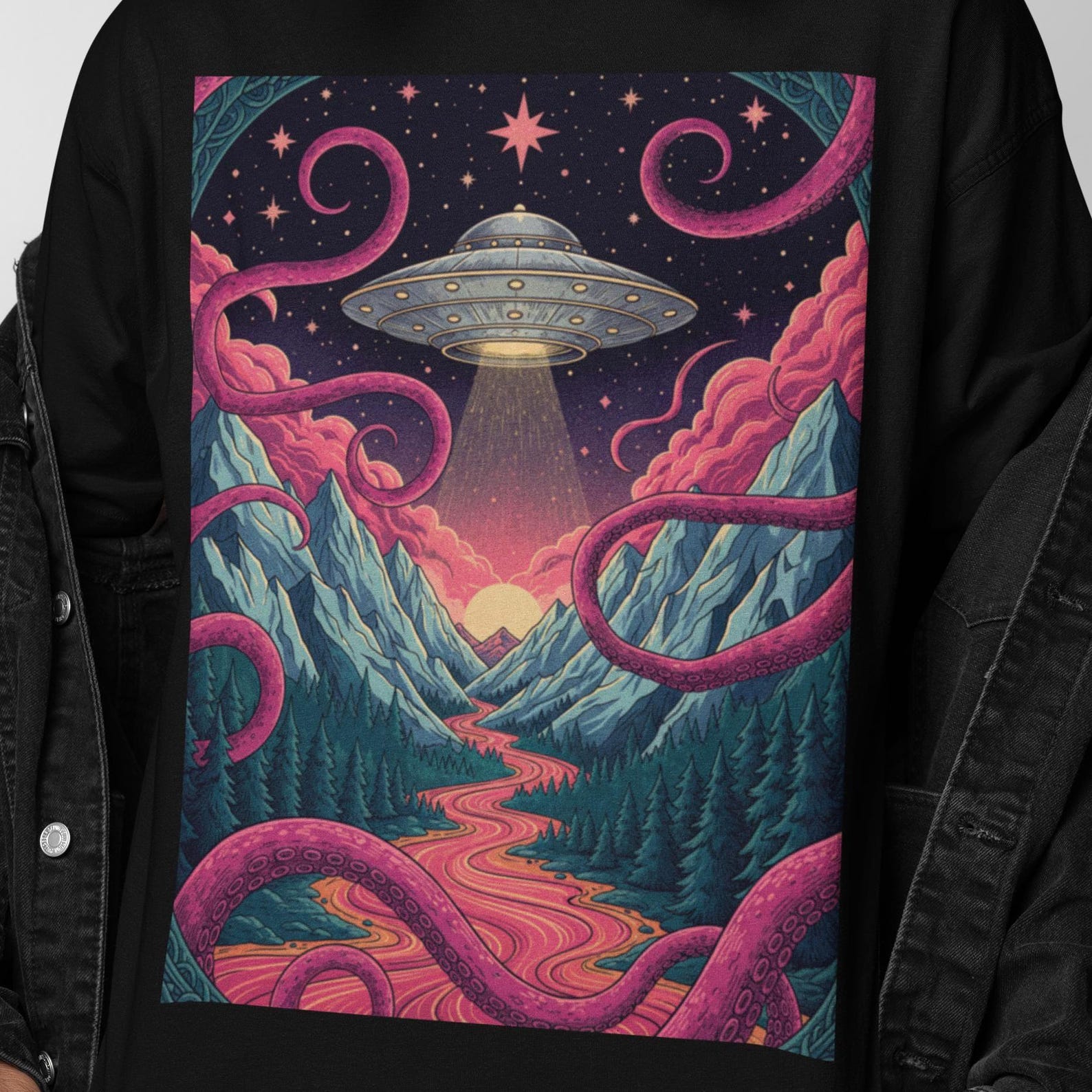 UFO Abduction Graphic Shirt | Psychedelic Landscape Tee | Surreal Alien Art T Shirt 2XL