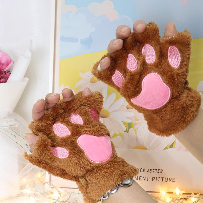 Niedliche Cartoon-Kätzchen Damen Fingerlose Winterhandschuhe - Fleecegefüttert Bärenpfoten-Design