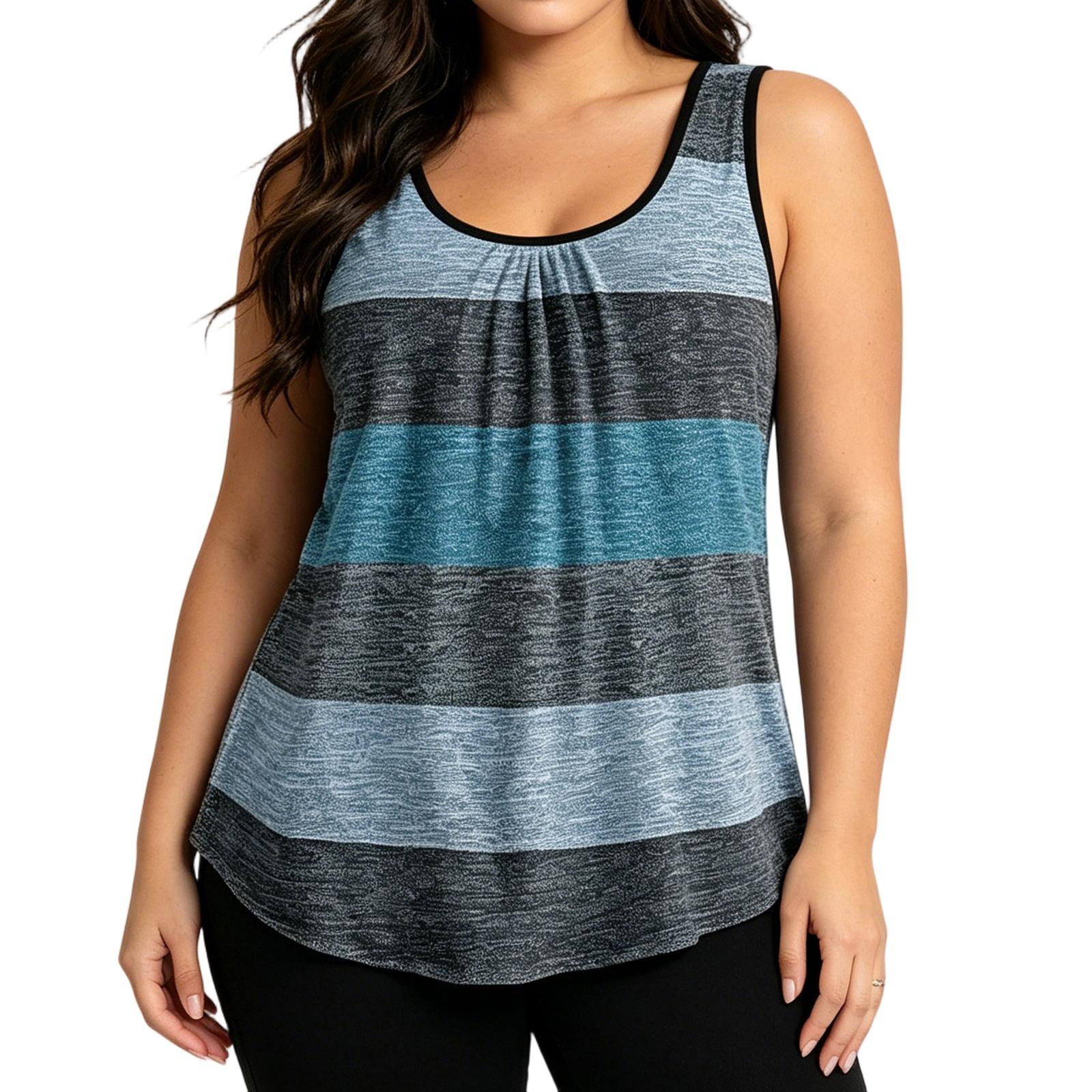 Plus Size Sleeveless Patchwork Stripe Print T-Shirt Casual Printed Short Sleeve Top for Women Summer Wear XXL синий