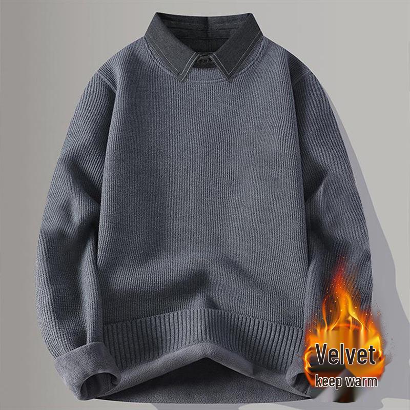 Herren Neuankunft Revers 2-in-1 Langarm Einfarbig Plus Samt Dick Gestrickter Pullover