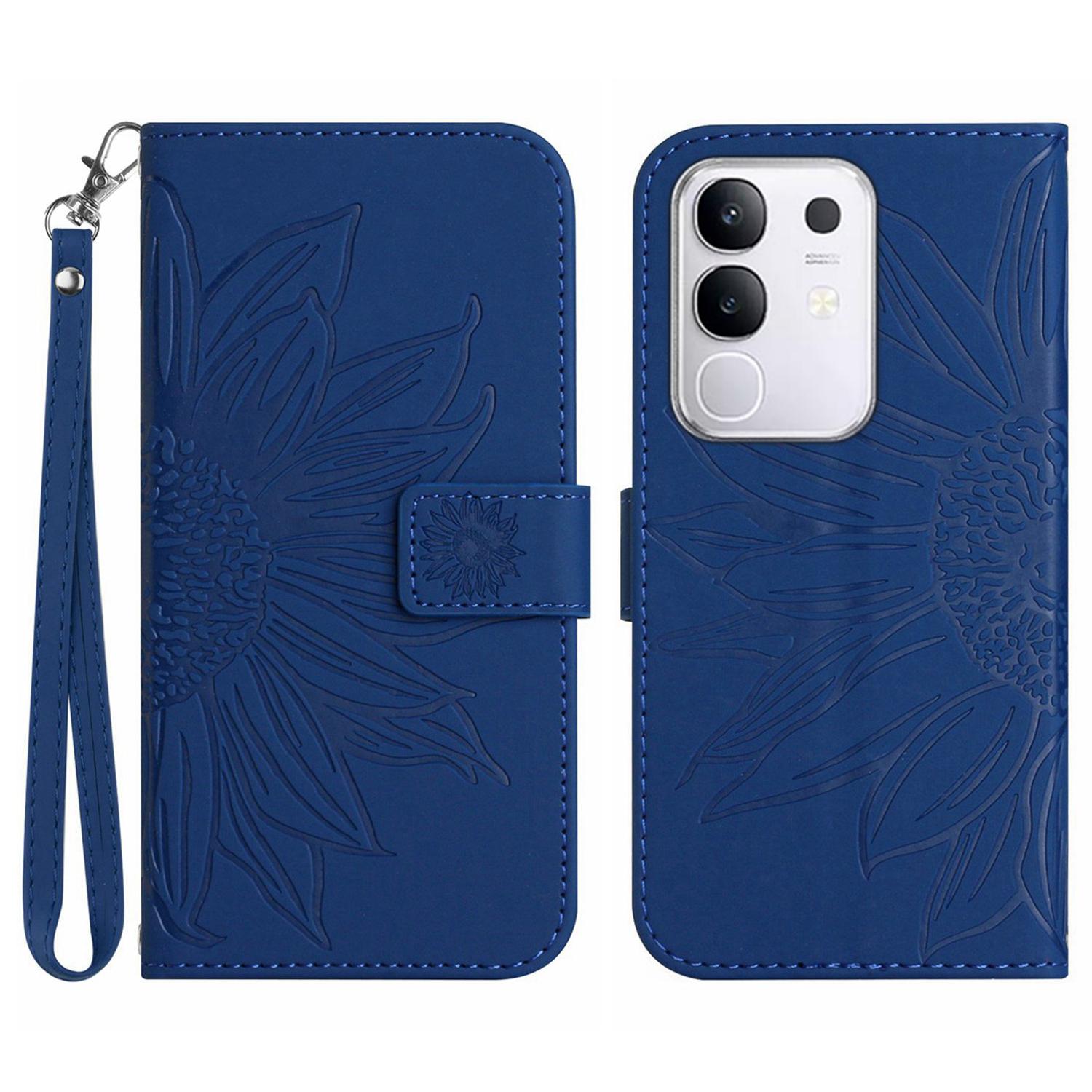 

For vivo Y29 4G Case Sunflower Imprint Leather Wallet Phone Cover with Wrist Strap Sapphire